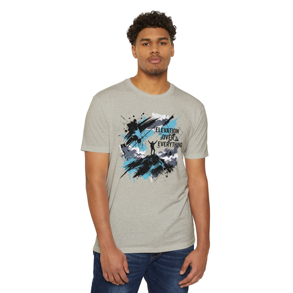 Light heather gray T-shirt with blue-and-black splatter graphic on the front