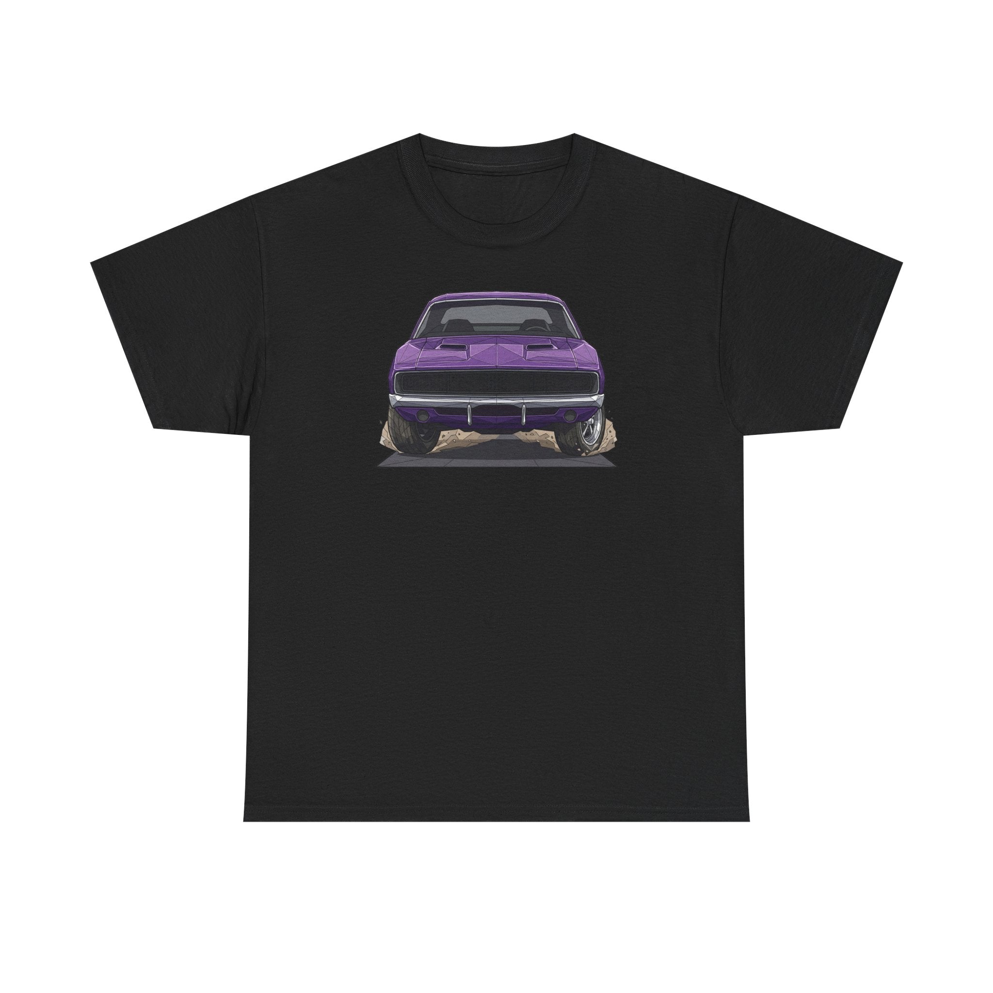 Black T-shirt with purple retro muscle car graphic on the front