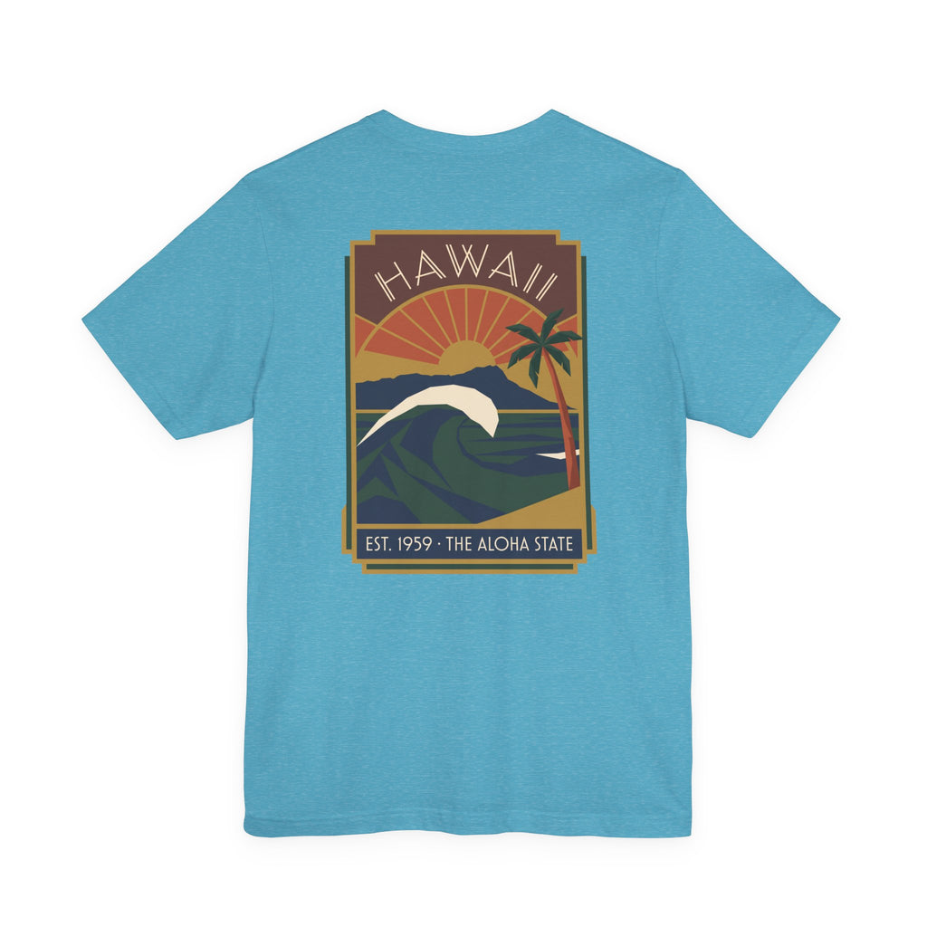 Turquoise T-shirt with vintage Hawaii sunset and wave graphic print
