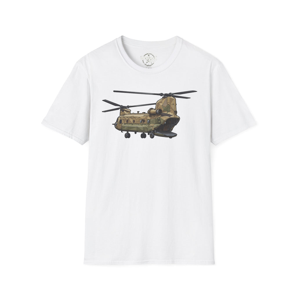 CH-47 T-shirt with tan/green military helicopter graphic on white