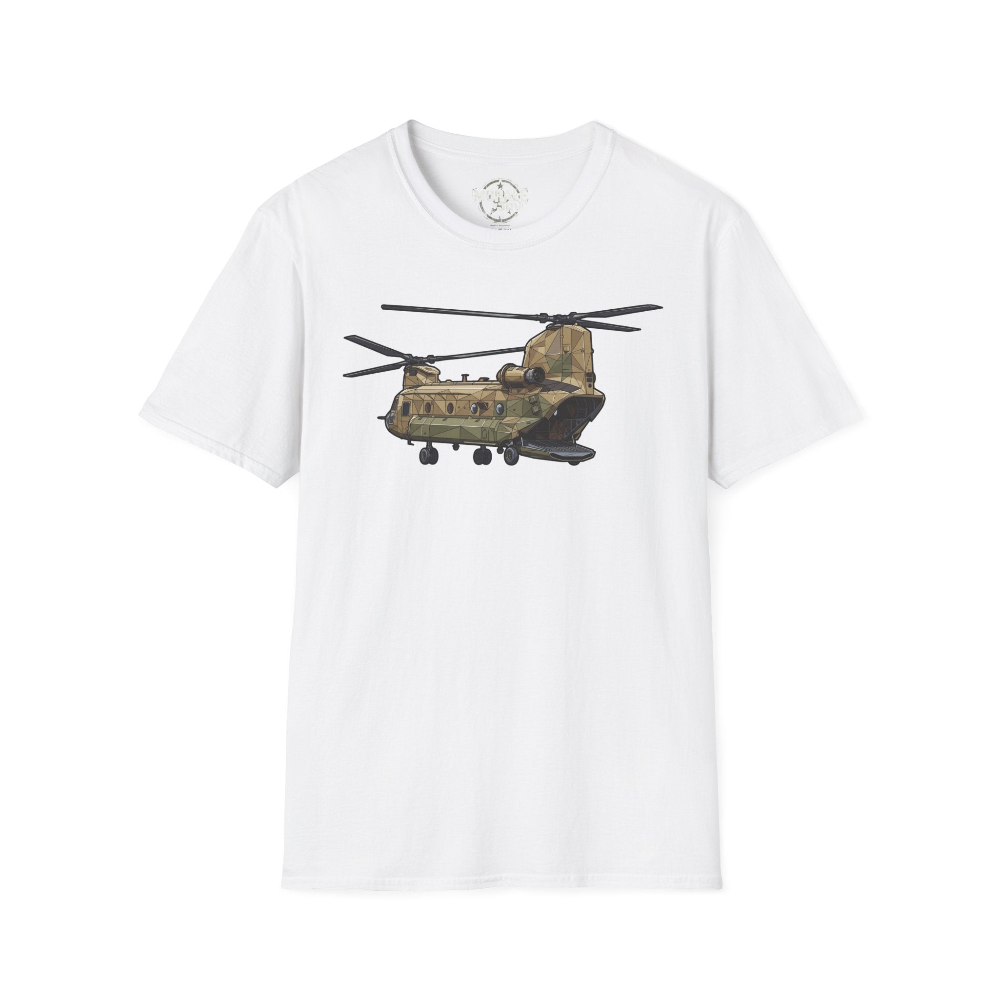 CH-47 T-shirt with tan/green military helicopter graphic on white