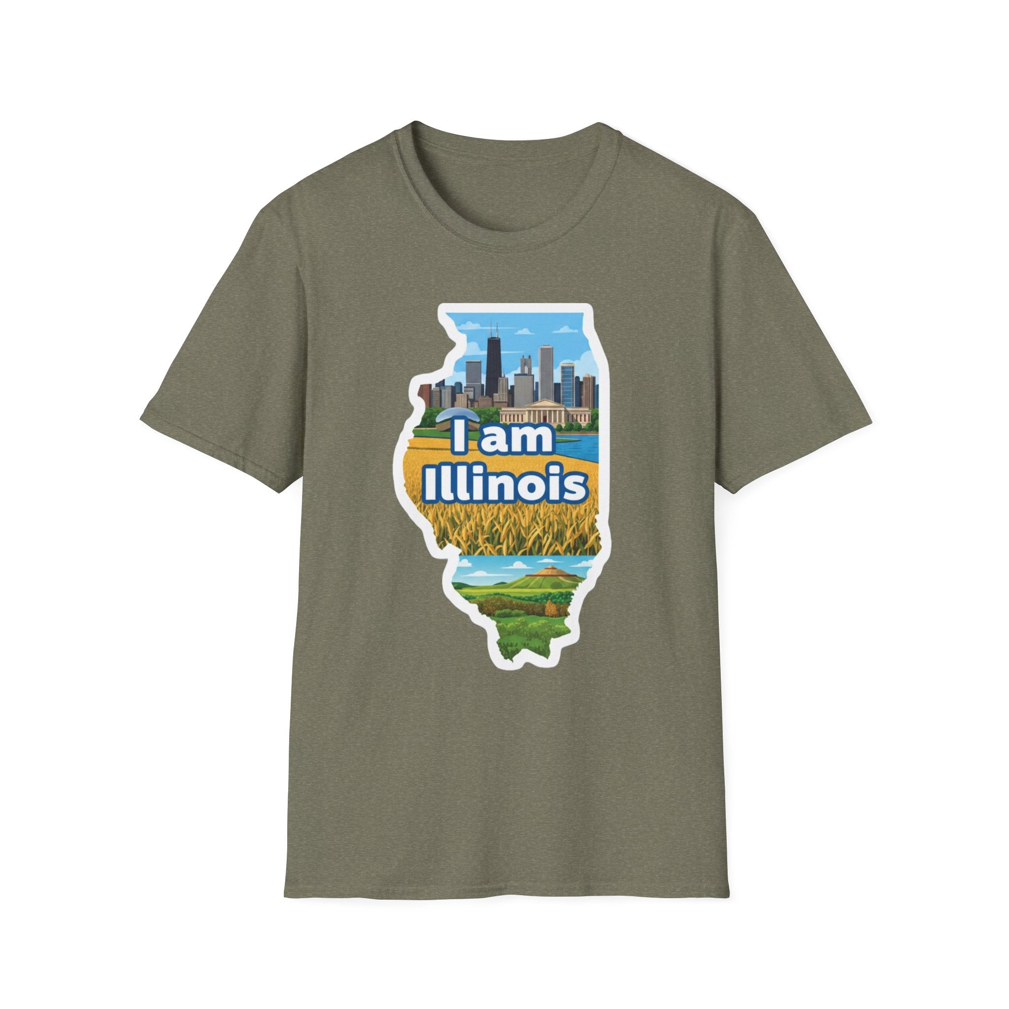 I Am Illinois T-shirt in Olive, Illinois map skyline and farmland graphic