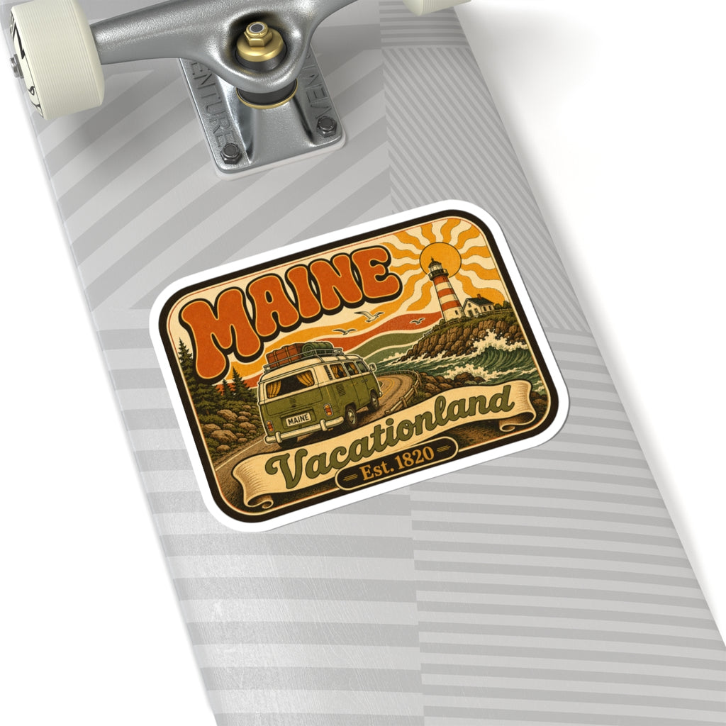 Kiss-cut camper and lighthouse sticker on chair arm, orange tan artwork with Maine text