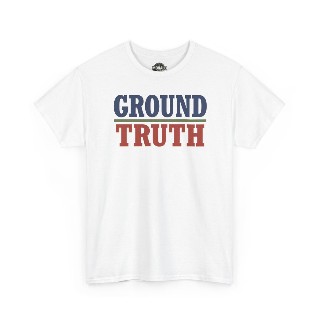 White crew-neck T-shirt with 'GROUND TRUTH' graphic print on chest