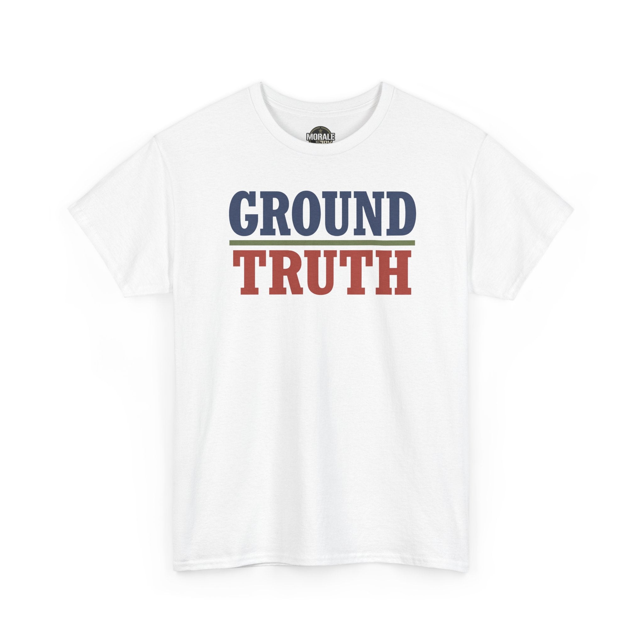 White crew-neck T-shirt with 'GROUND TRUTH' graphic print on chest