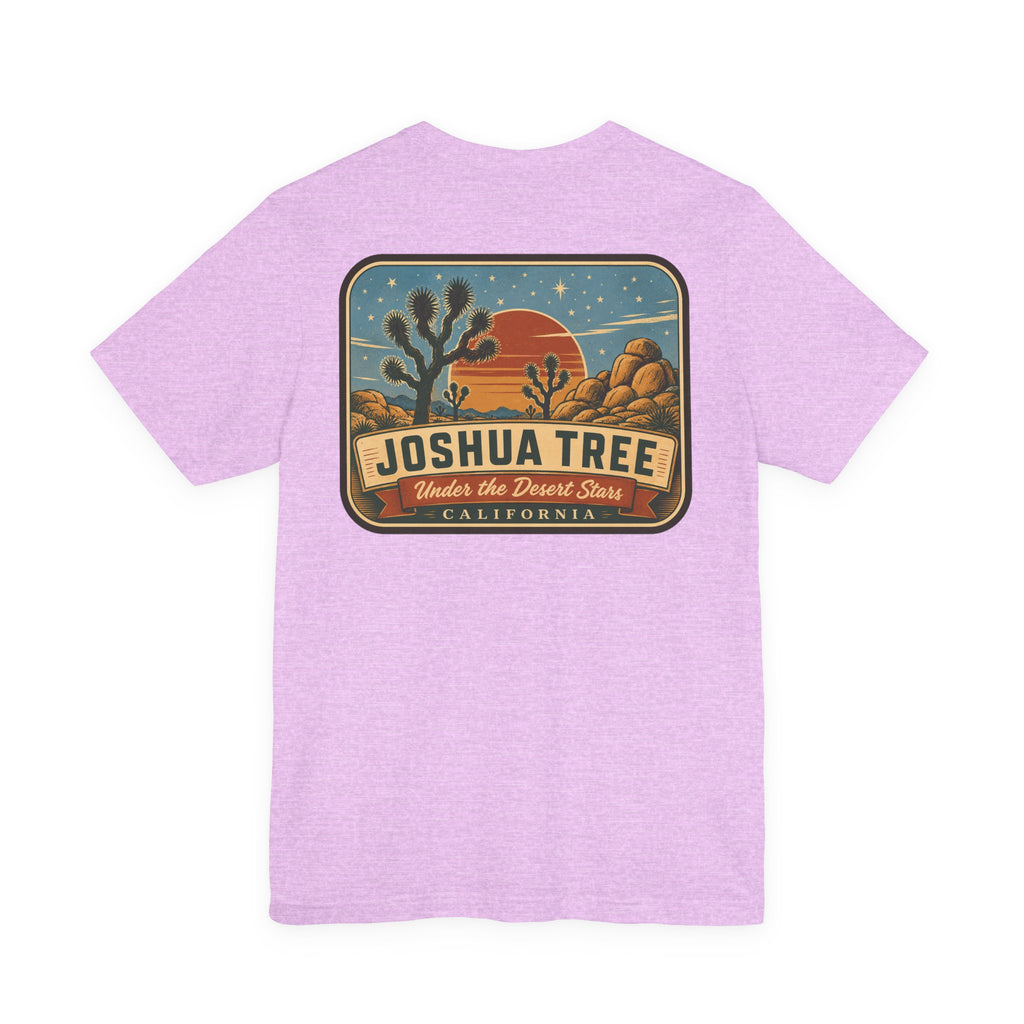 Lilac crew-neck t-shirt with Joshua Tree desert graphic centered on the back.