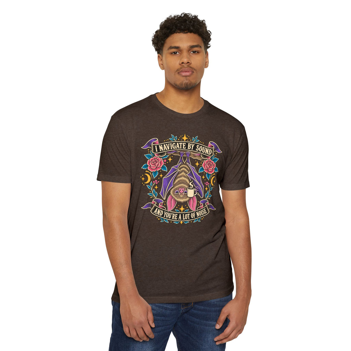 Brown crew-neck T-shirt with colorful gothic sound-navigation graphic on the chest