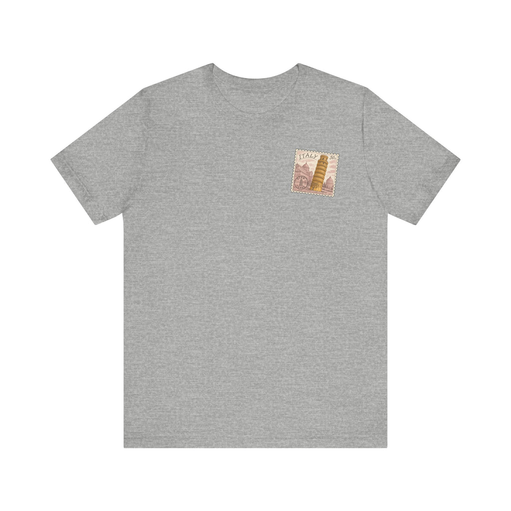 Dark grey heather Italy travel T-shirt with small chest stamp graphic