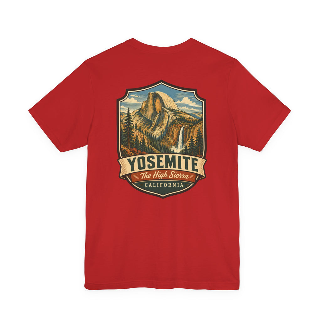 Red T-shirt with large centered Yosemite mountain graphic on the back.