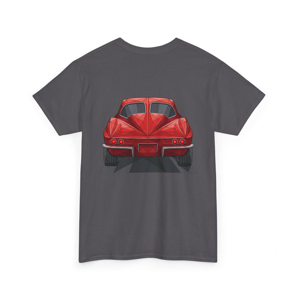Charcoal T-shirt with red sports coupe graphic on the front