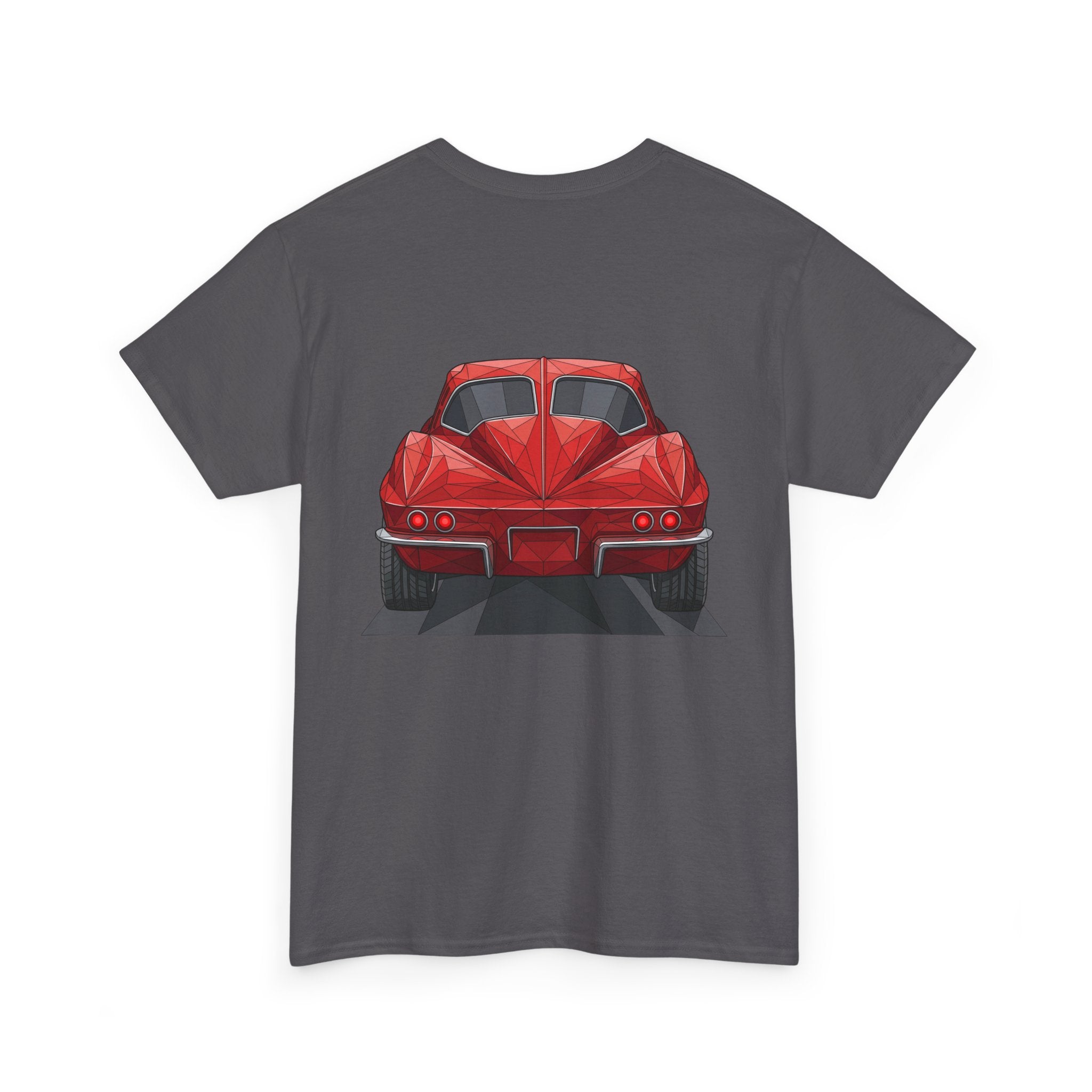 Charcoal T-shirt with red sports coupe graphic on the front