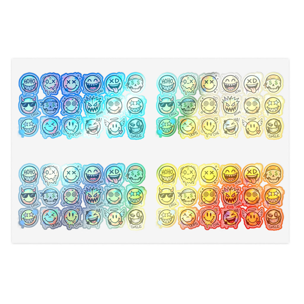 Emoji-Gesichts-Stickerbogen mit Die-Cut Motiven, holografische Regenbogen-Konturen
