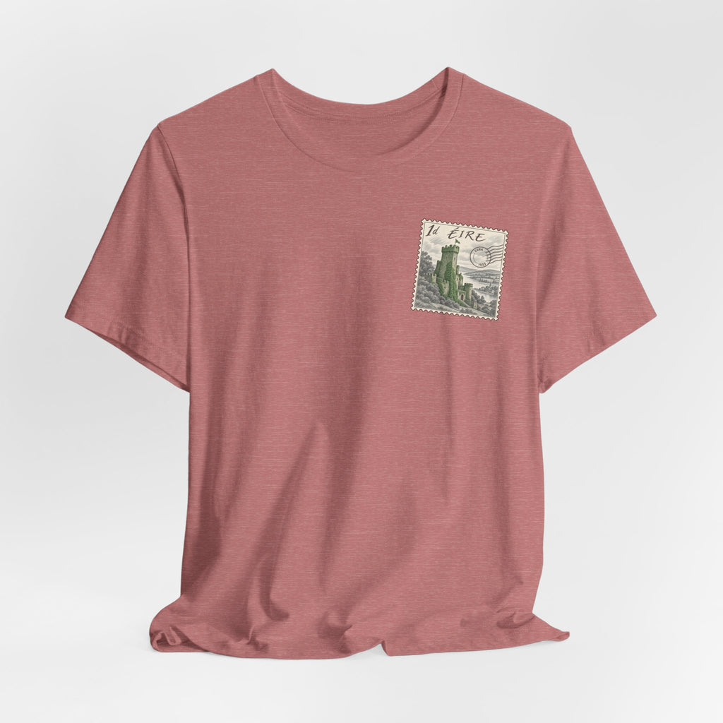 Rose heather T-shirt with vintage postage-stamp graphic on the left chest
