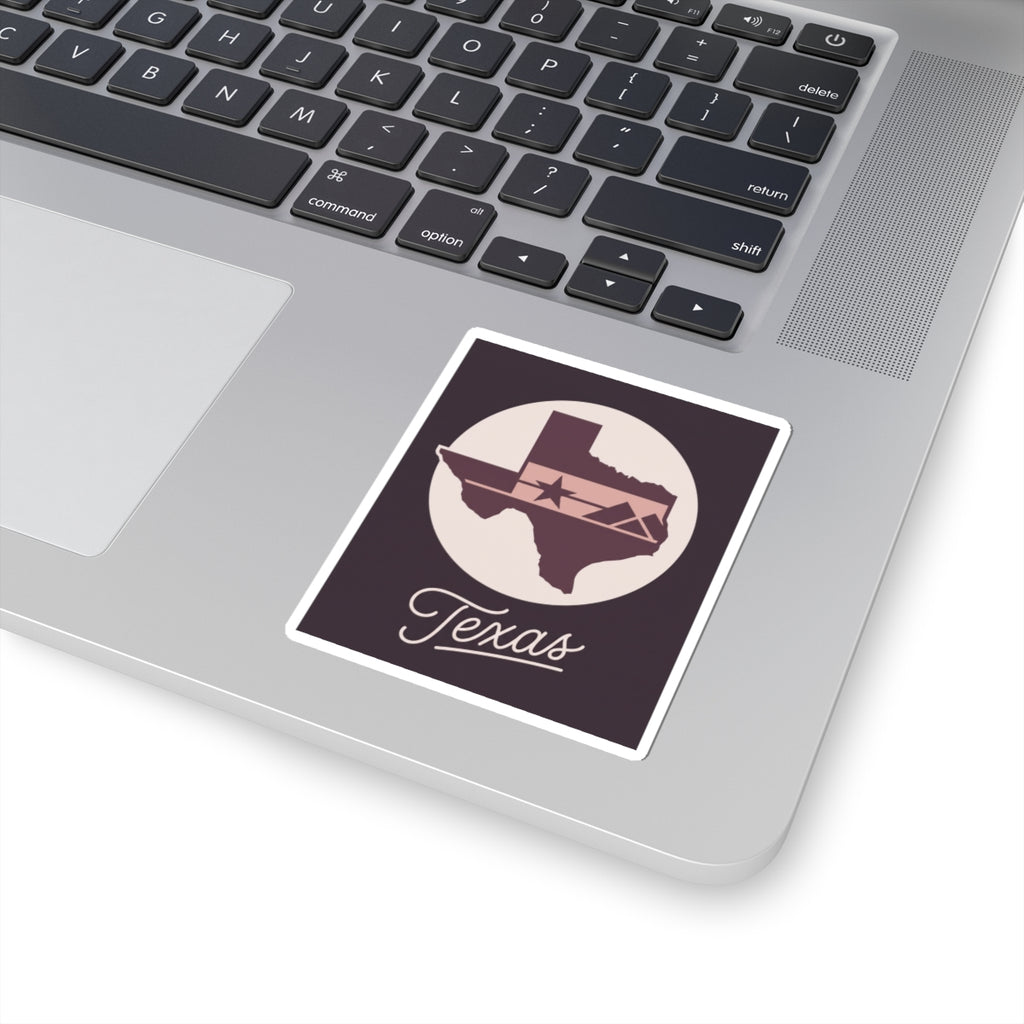 Texas state sticker decal with white-bordered square, circular emblem, and script "Texas"