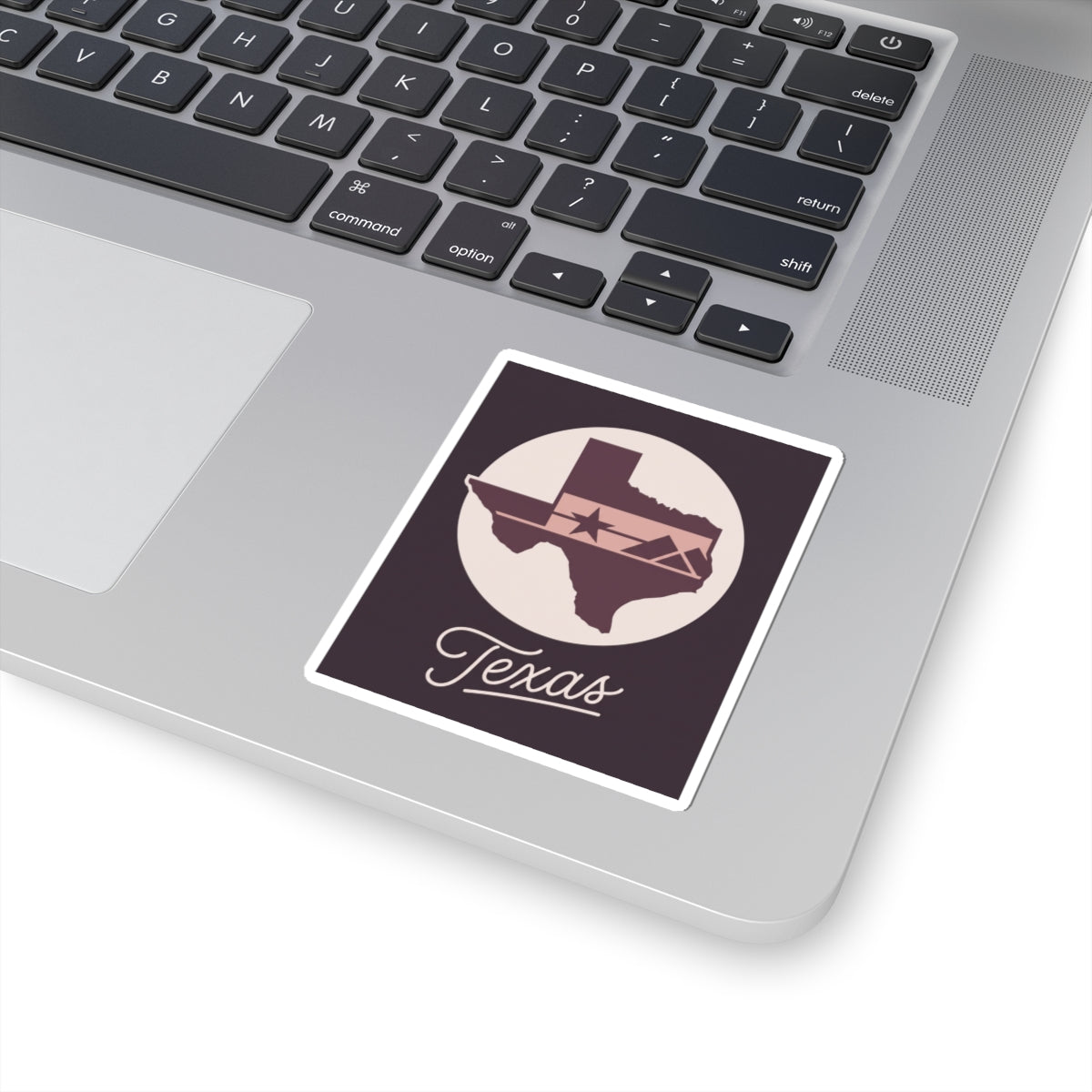 Texas state sticker decal with white-bordered square, circular emblem, and script "Texas"