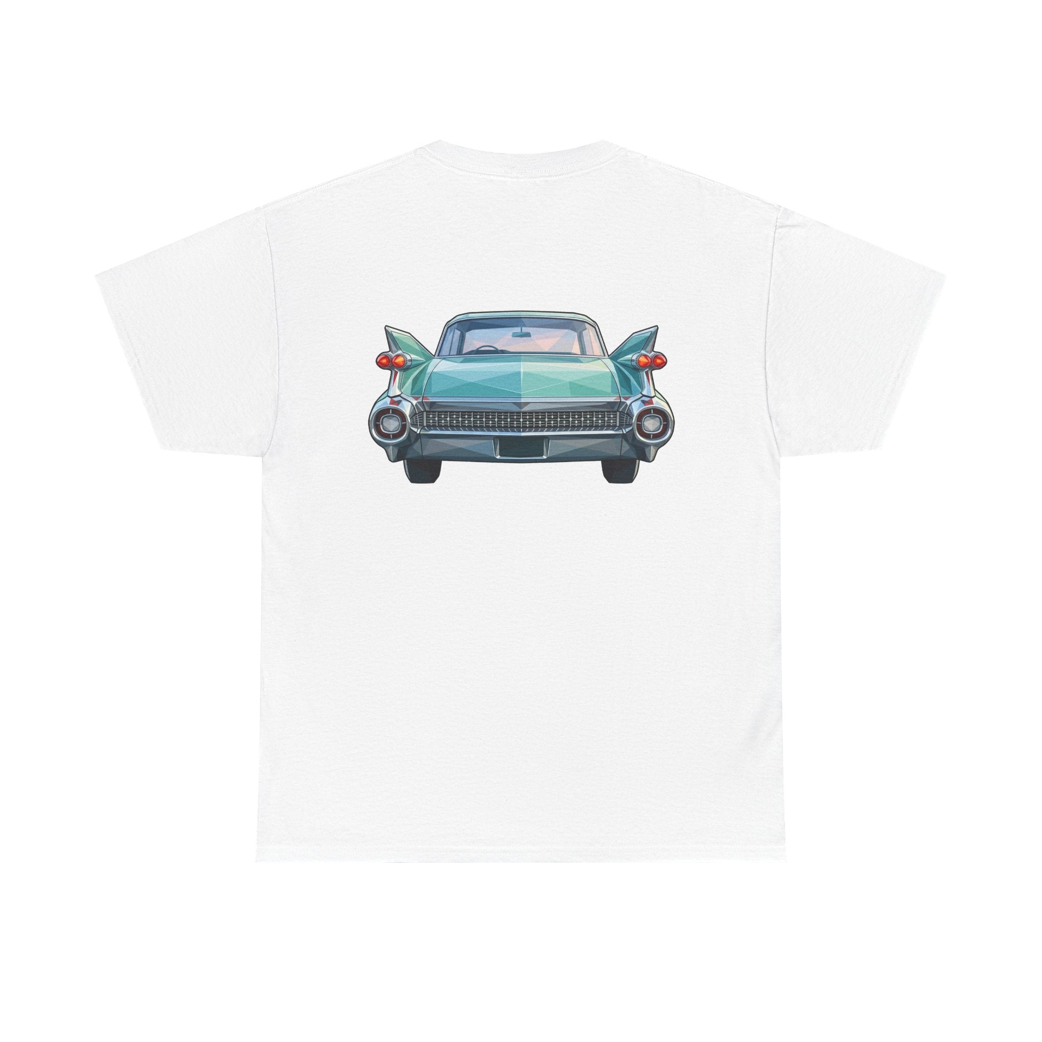 White crewneck T-shirt with centered teal classic car graphic on the chest