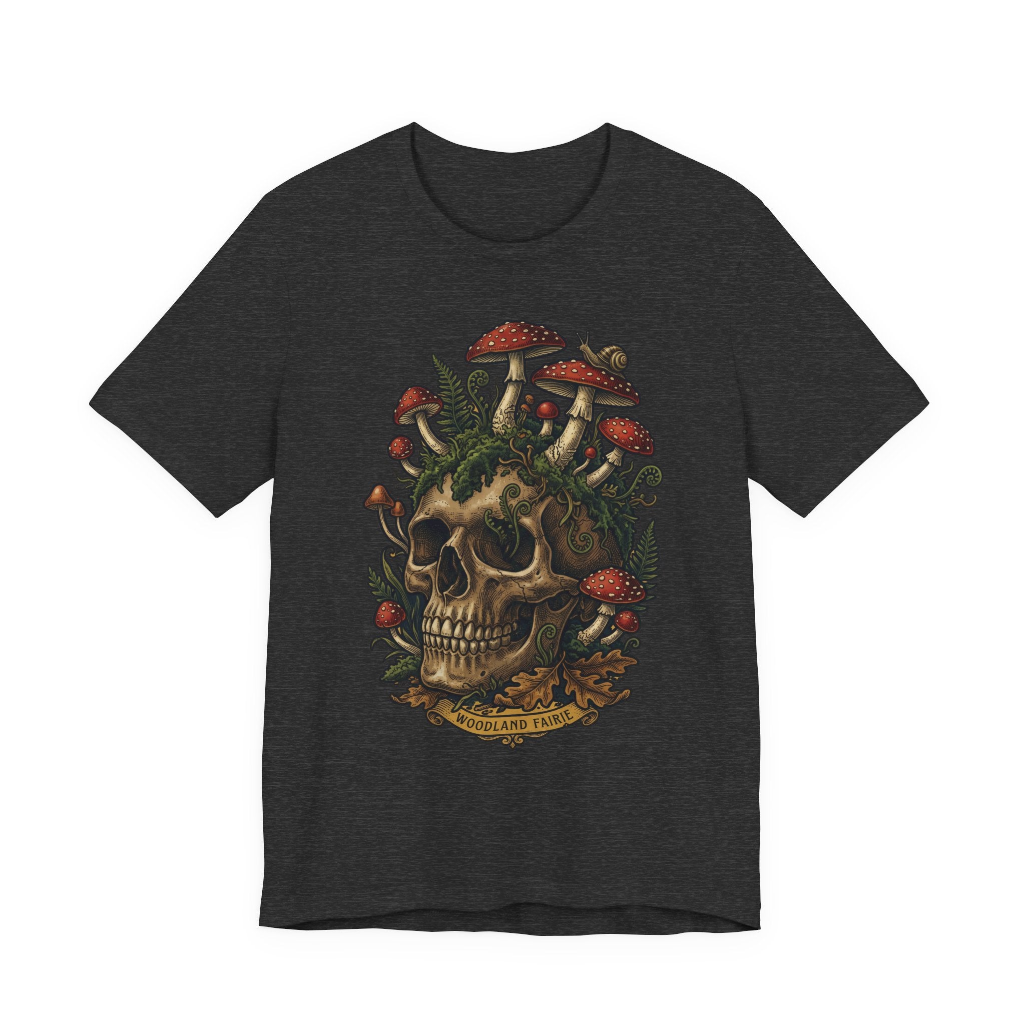 Mushroom skull T-shirt in Athletic Heather with dark botanical skull and mushroom art