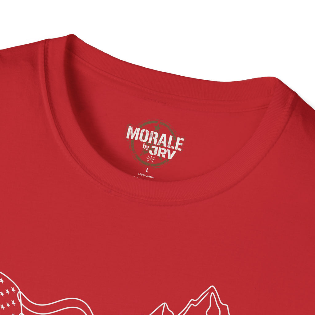 Red crewneck T-shirt with MORAL by JRV logo and partial mountain wave line art