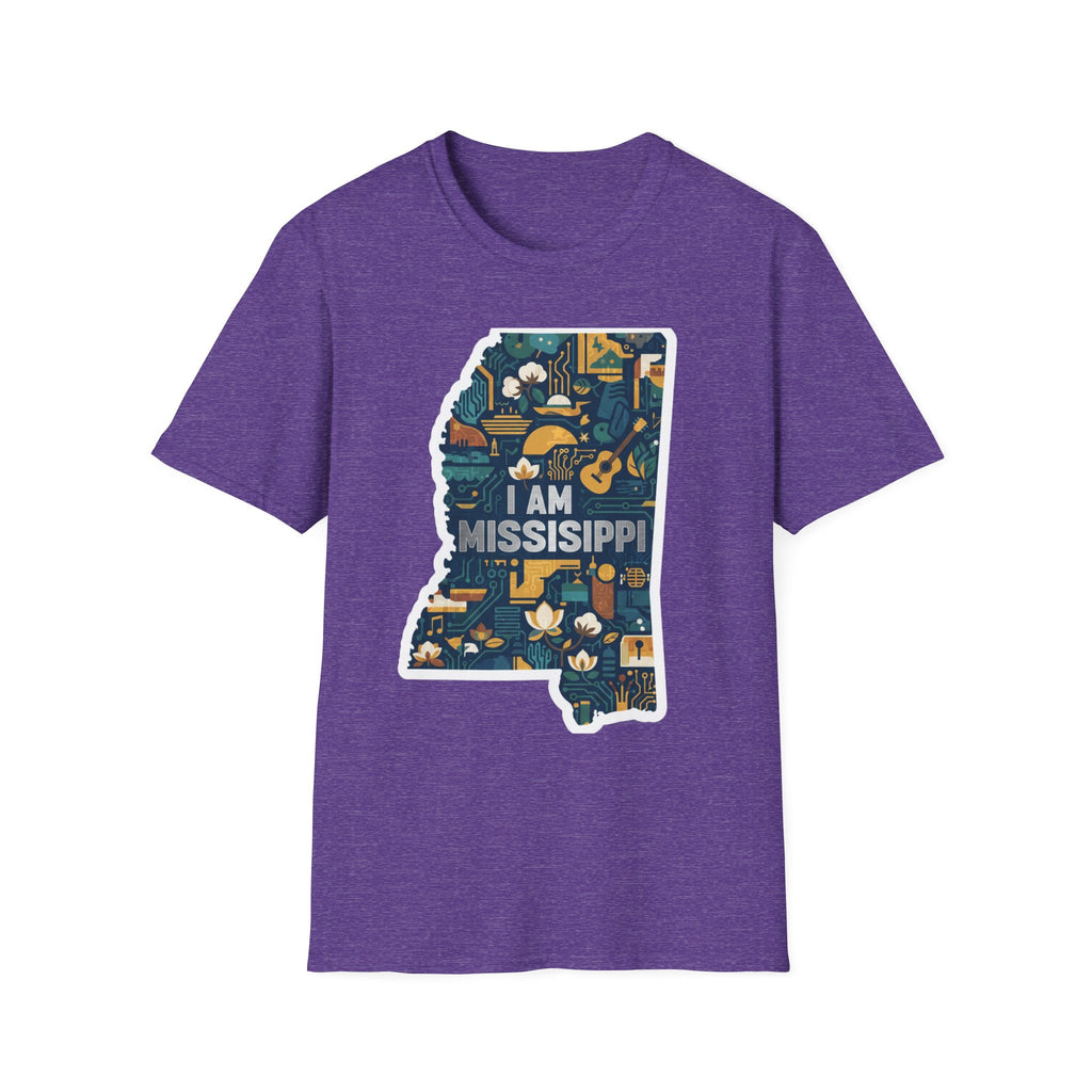 Heather Purple T-shirt with colorful Mississippi state map graphic and "I AM MISSISSIPPI"
