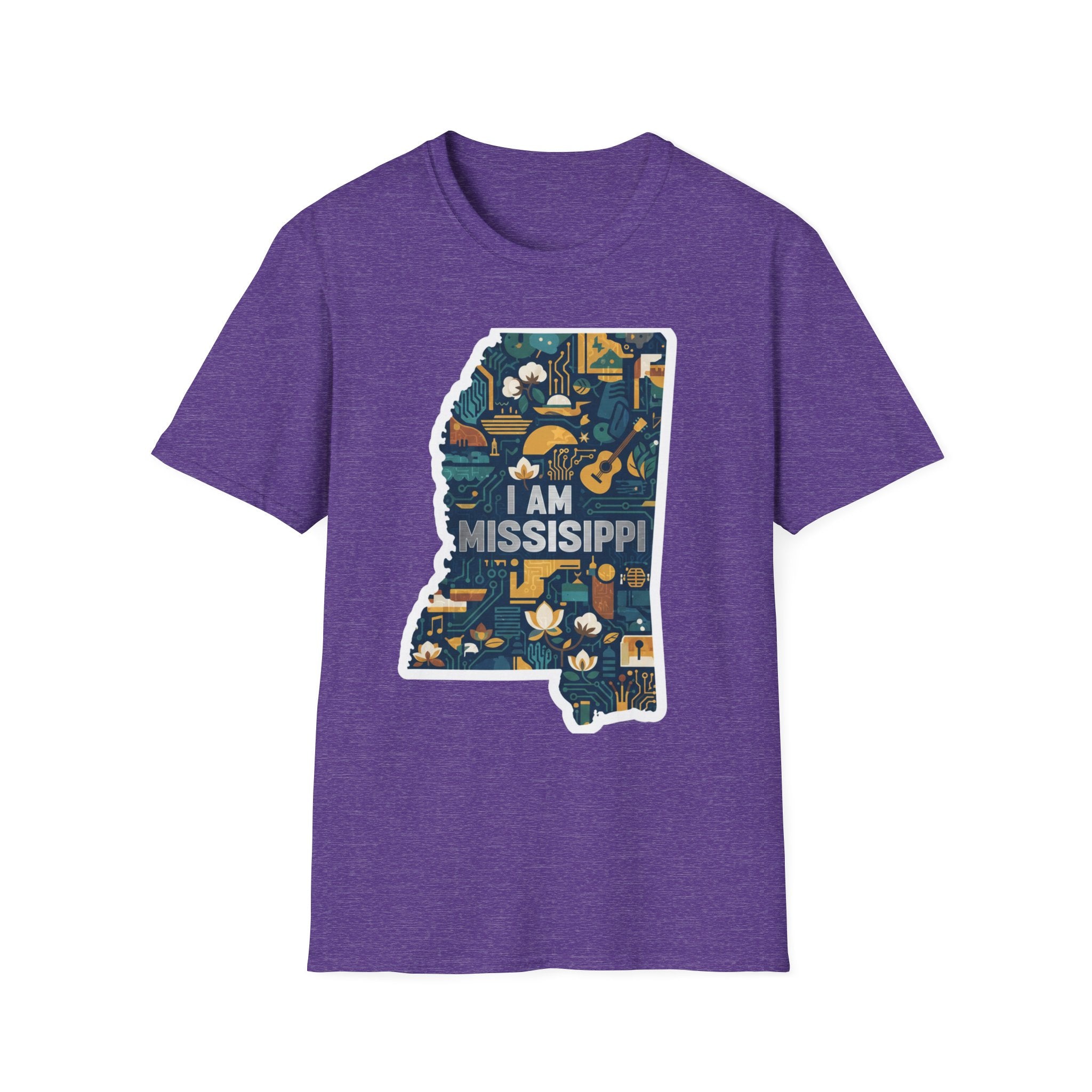 Heather Purple T-shirt with colorful Mississippi state map graphic and "I AM MISSISSIPPI"