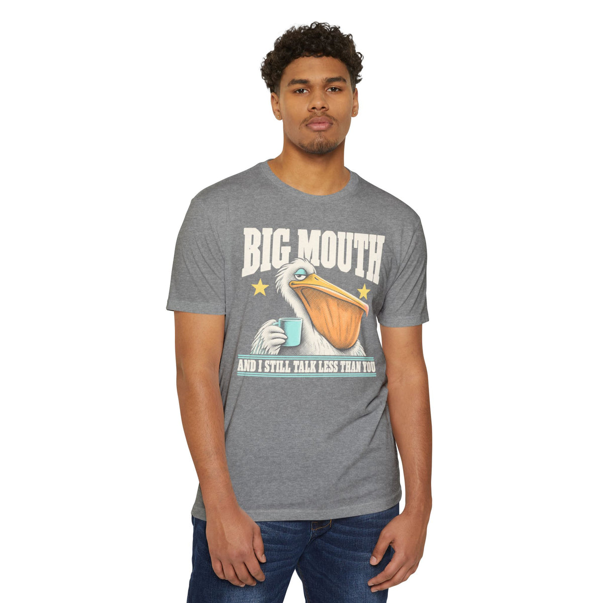 Heather gray graphic T-shirt with pelican holding coffee mug and “BIG MOUTH” text