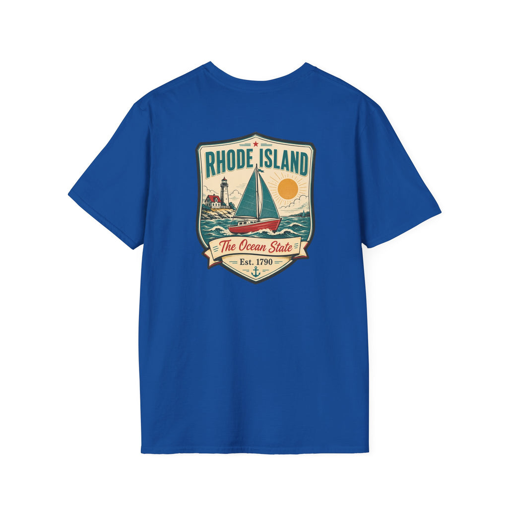 Sailboat graphic t-shirt, royal blue, with Rhode Island emblem front print