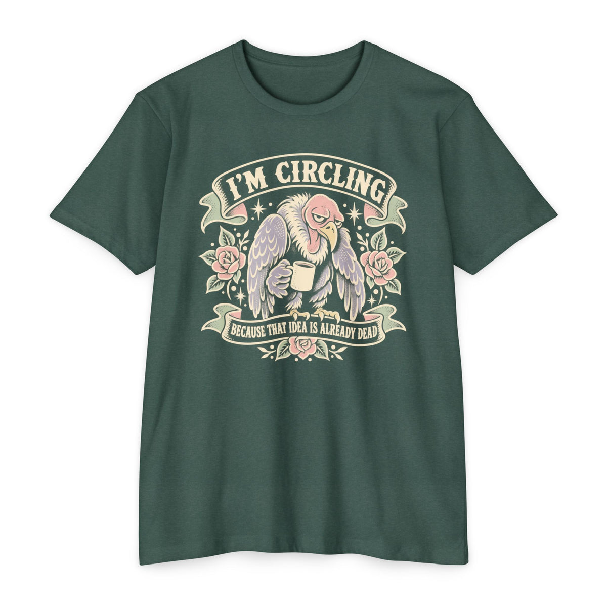Teal green vulture graphic T-shirt with winged face and “I’m circling” text