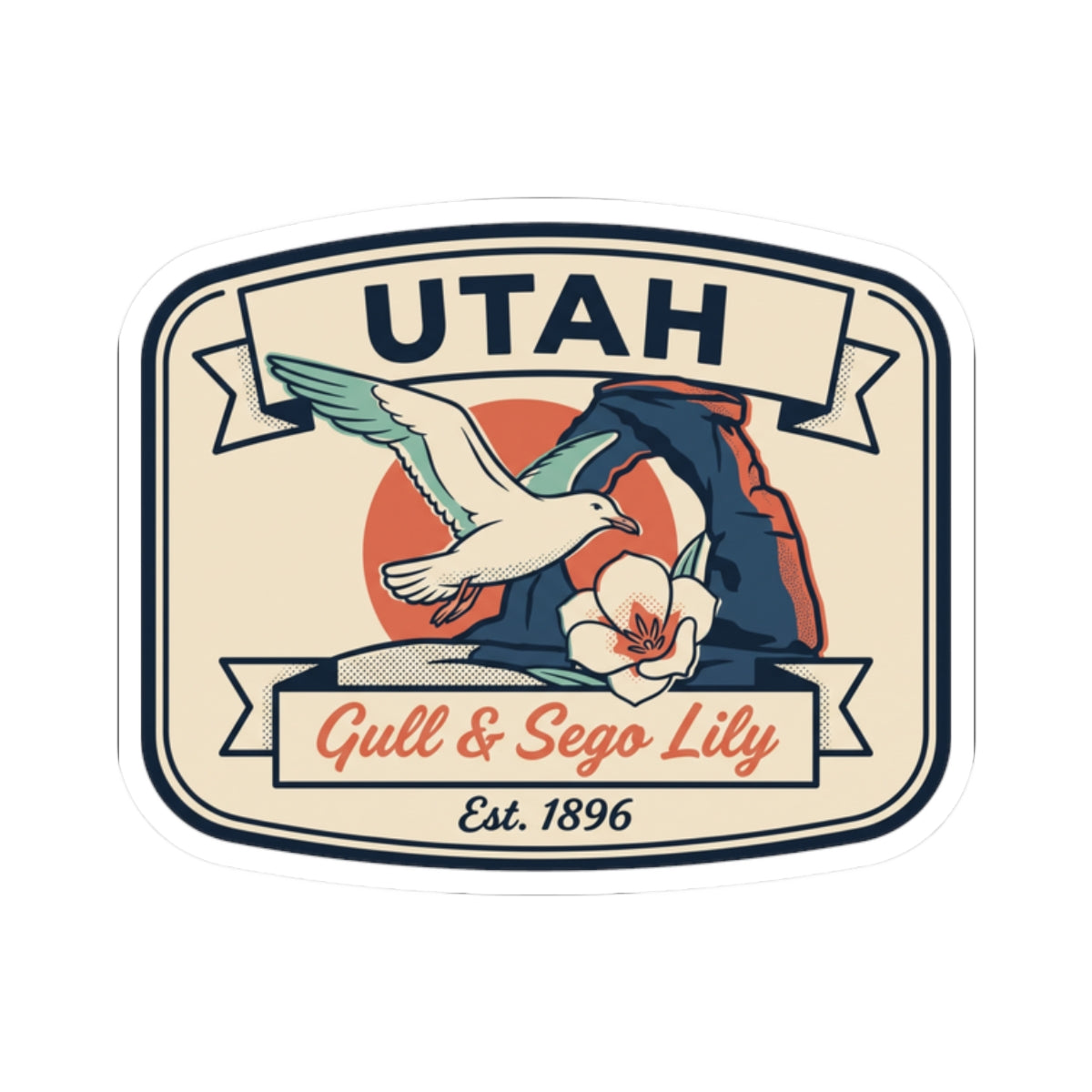 Utah state badge label decal with gull and sego lily in vintage-style frame