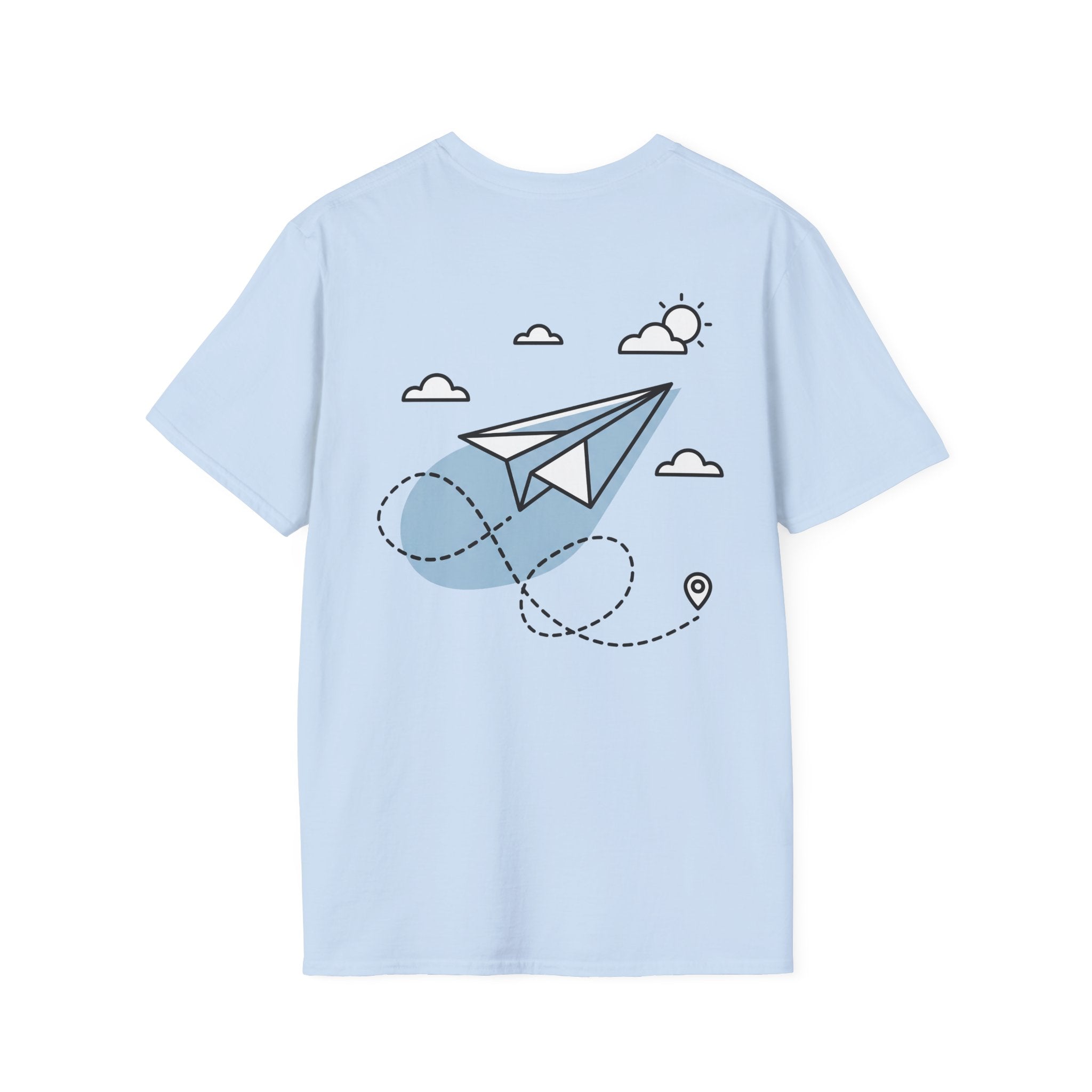 Light blue T-shirt with paper airplane line art, clouds, and travel pin graphic
