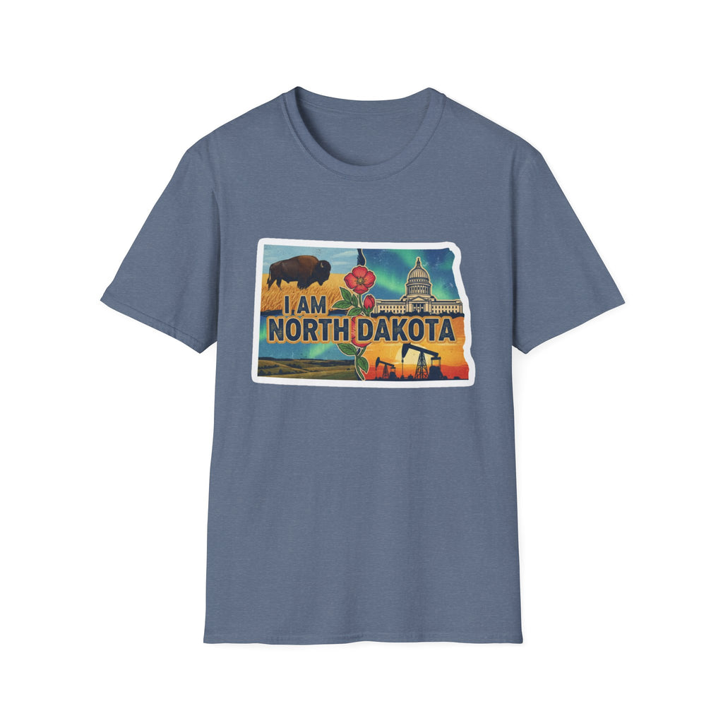 Camiseta azul gris North Dakota con bisonte, flores y capitolio en el pecho