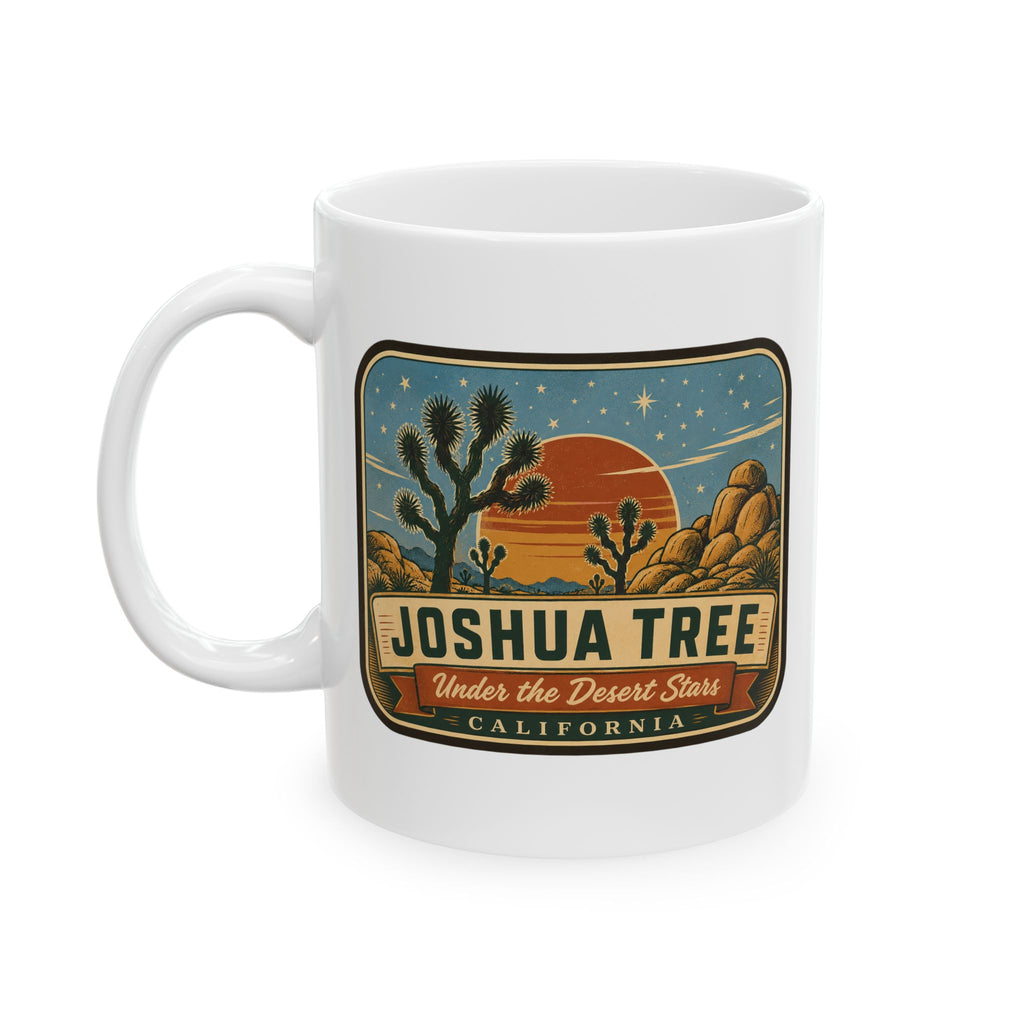 White ceramic mug with Joshua Tree desert illustration and “Under the Desert Stars”
