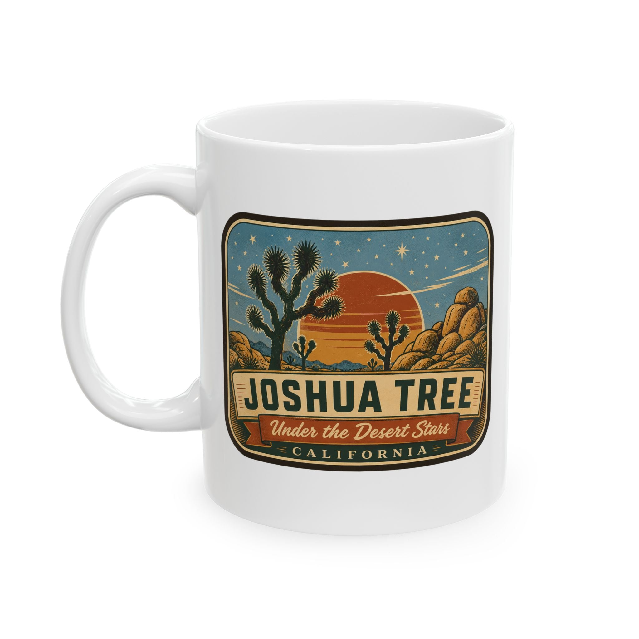 White ceramic mug with Joshua Tree desert illustration and “Under the Desert Stars”