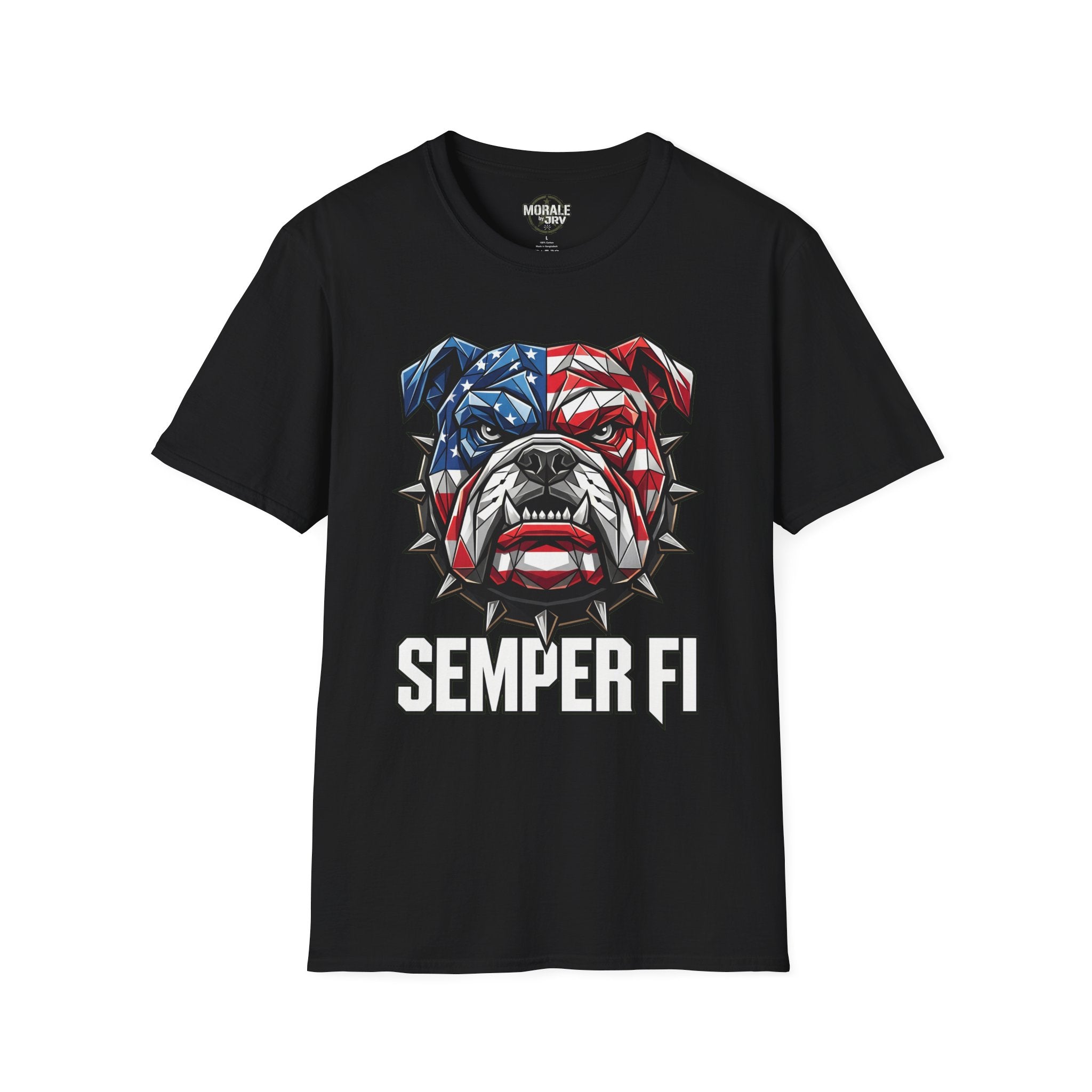Black Semper Fi bulldog T-shirt with colorful American flag head artwork