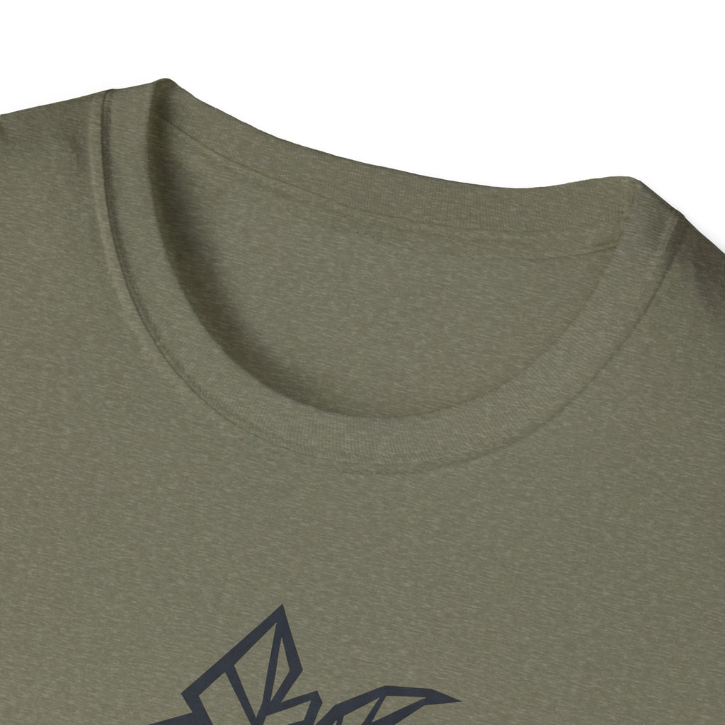 Heather Military Green T-shirt, crew neck, partial geometric tree moon graphic