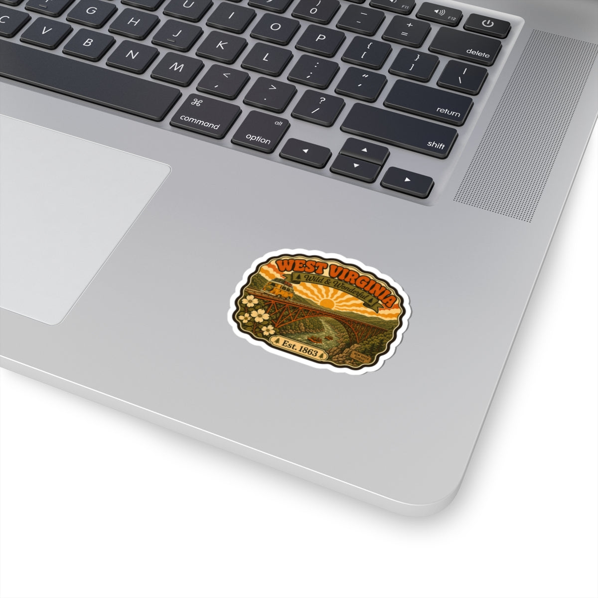 West Virginia scenic retro kiss-cut sticker, bordered badge with mountain landscape and text.
