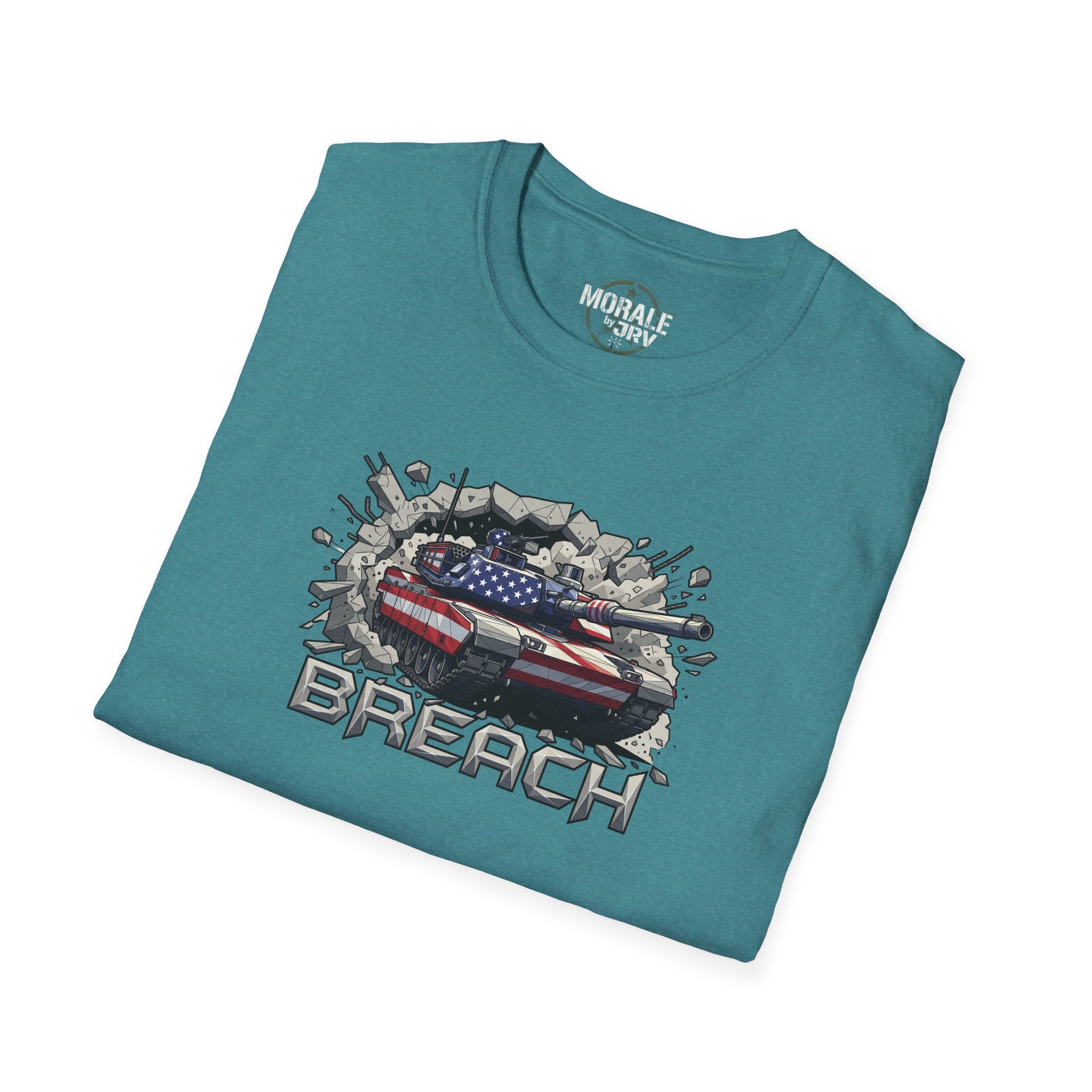 Teal tank breach T-shirt with American flag graphic and “BREACH” text