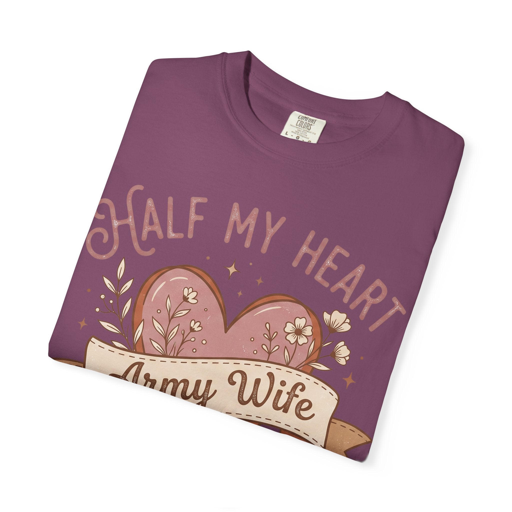 Purple crew-neck T-shirt with heart and "Army Wife" text graphic