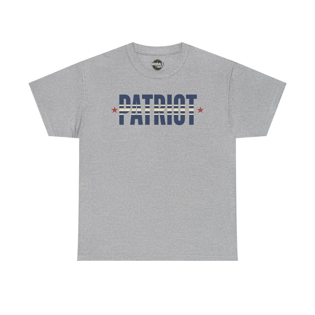 Patriot graphic t-shirt, heather gray crewneck with blue 'PATRIOT' and red stars
