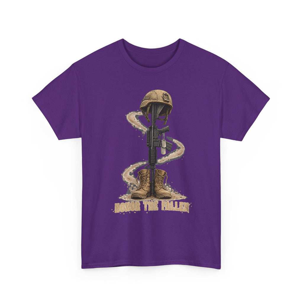 Purple graphic t-shirt with soldier and rifle emblem on front.