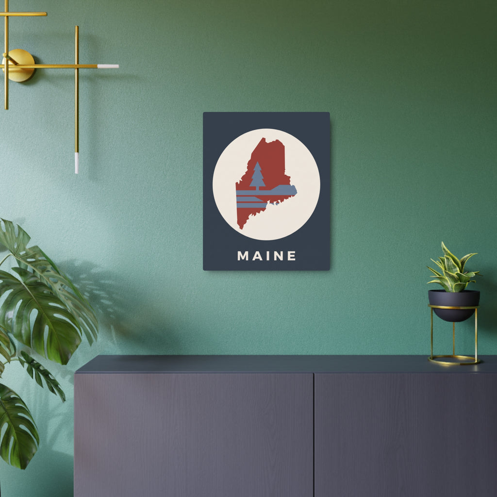 Metal art sign with circular Maine badge and red pine tree silhouette on dark square