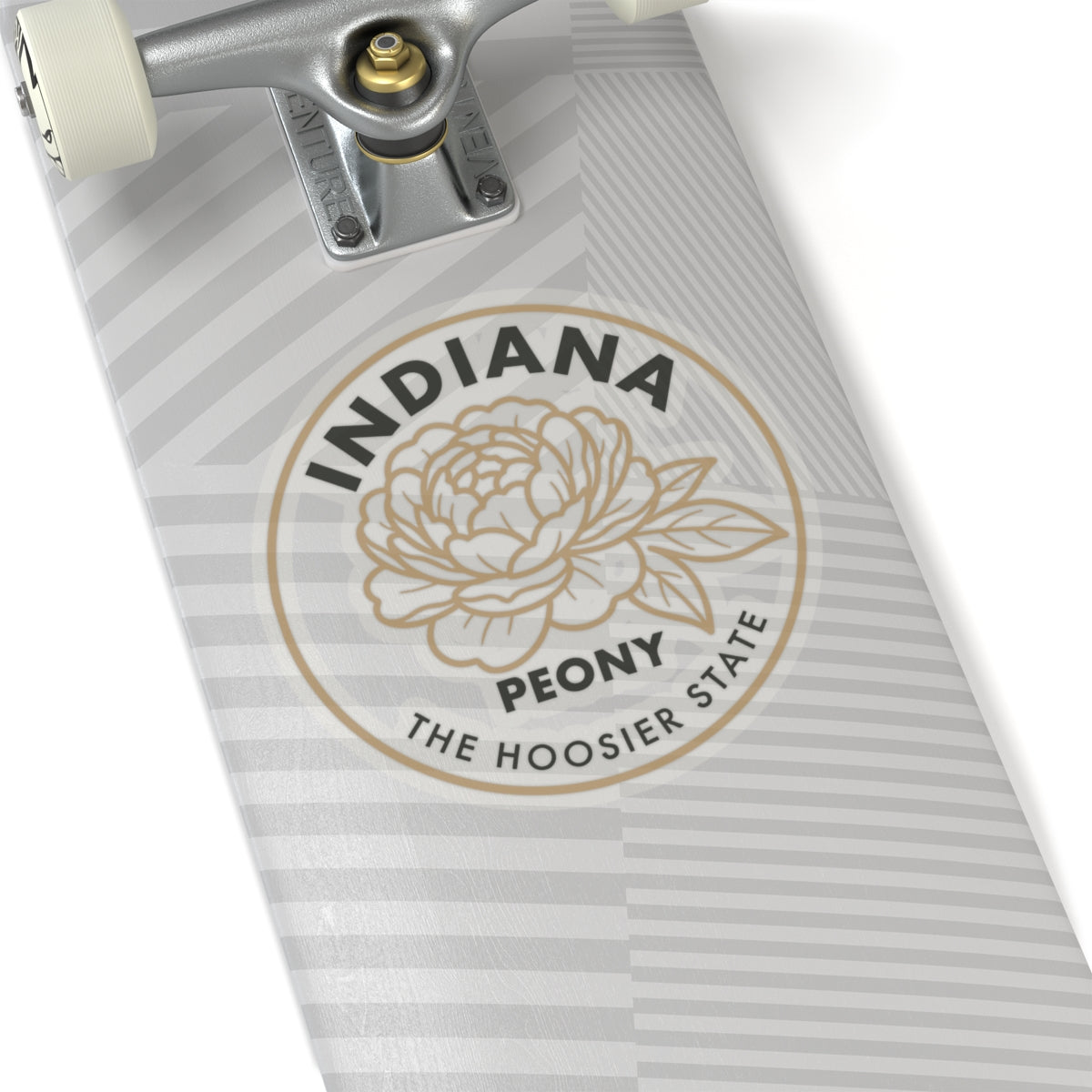 Circular Indiana peony vinyl sticker with beige flower and 'THE HOOSIER STATE' text