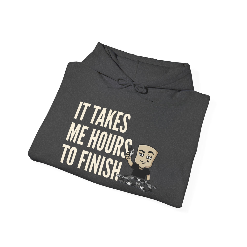 Gray hoodie with a front graphic and readable text featuring a chess-themed character.