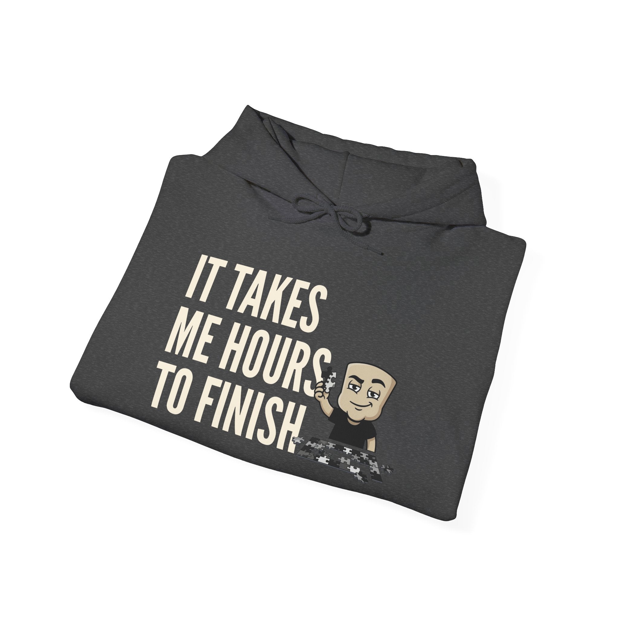 Gray hoodie with a front graphic and readable text featuring a chess-themed character.