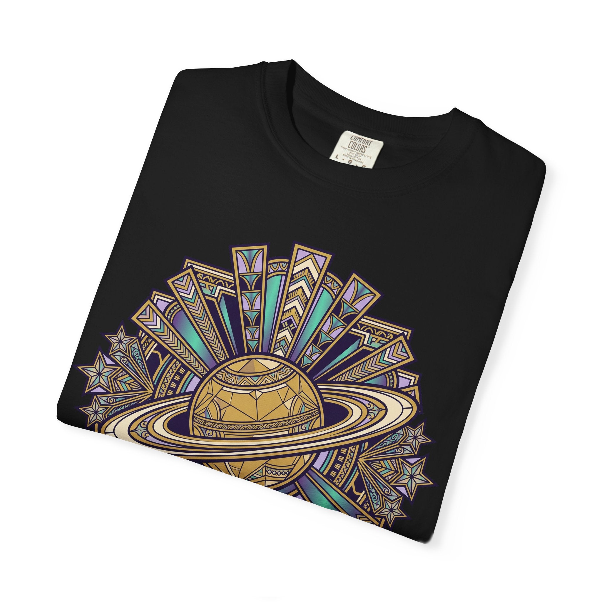 Black t-shirt with large celestial planet and rings graphic on the front