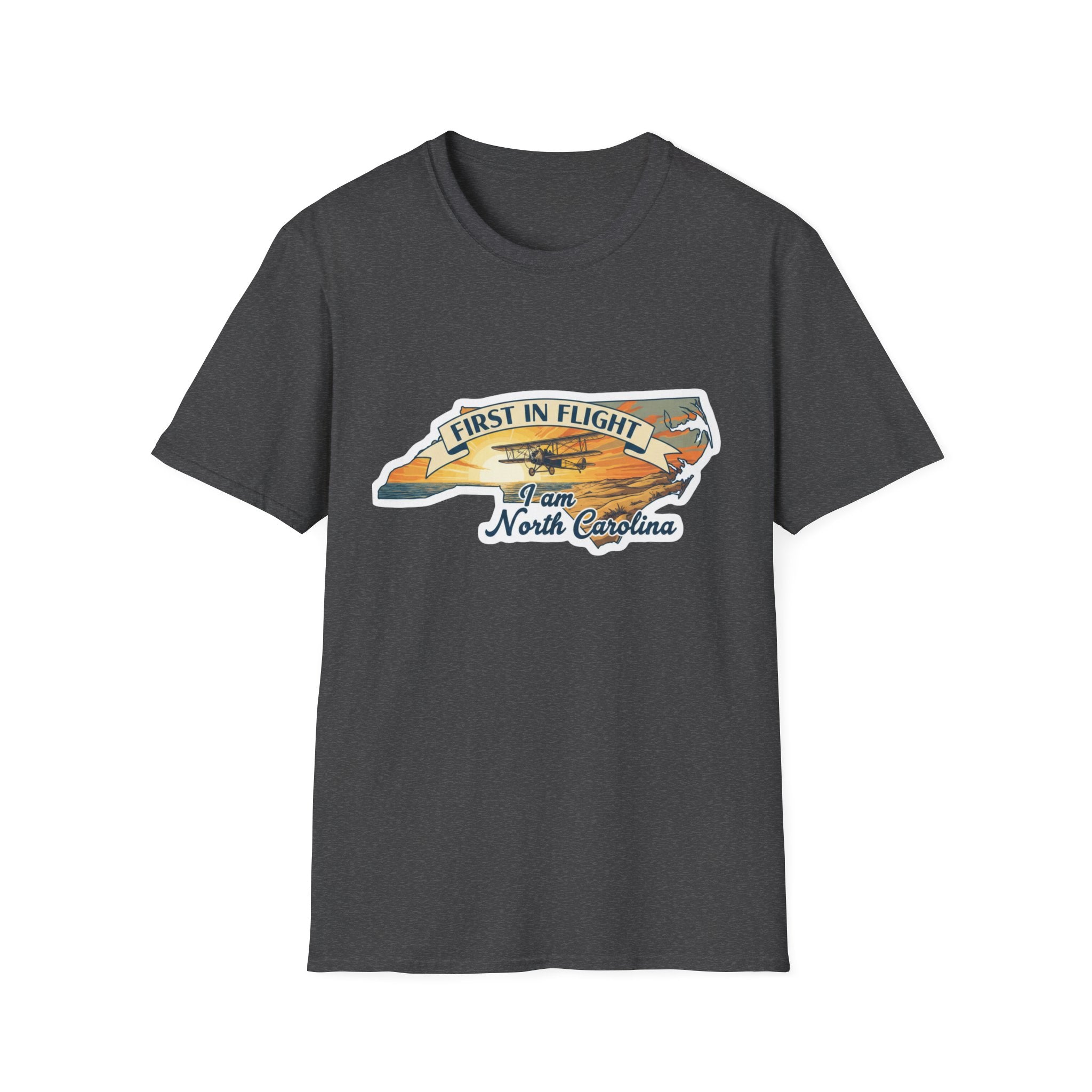 North Carolina T-shirt in dark charcoal heather, “First in Flight” plane state outline print