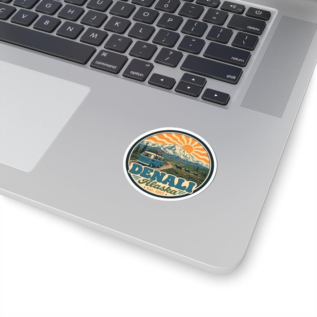 Round Denali National Park kiss-cut sticker with vintage mountain and sun graphic