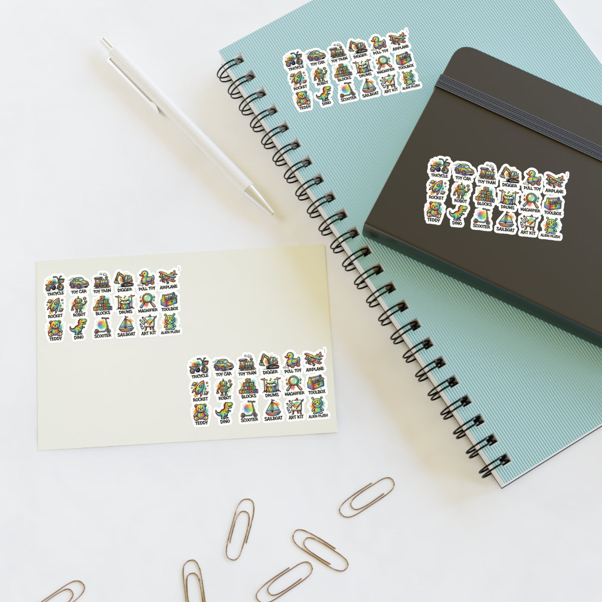 Toy icon sticker set on notebook and paper, with colorful die-cut designs