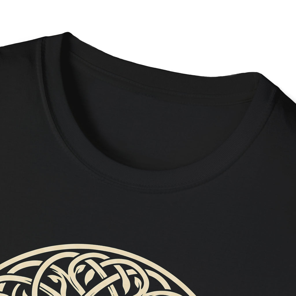 Black T-shirt neckline close-up above the Celtic Tree of Life knotwork graphic