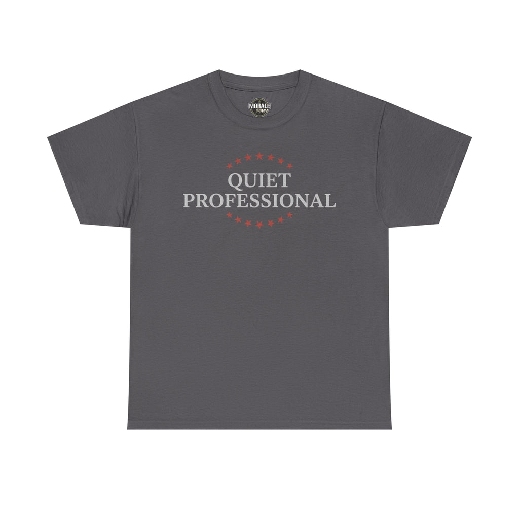 Charcoal minimalist graphic T-shirt with front wreath logo and 'Quiet Professional' text