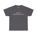 Charcoal minimalist graphic T-shirt with front wreath logo and 'Quiet Professional' text